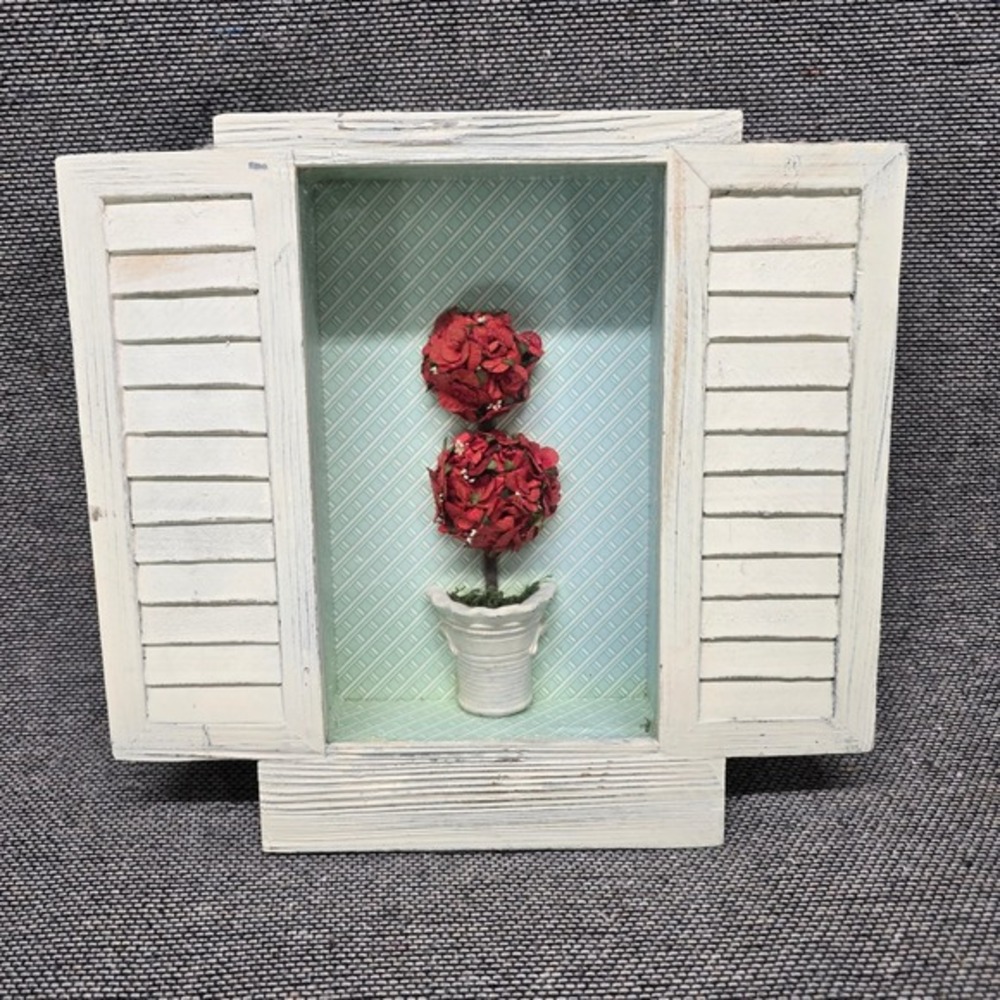 Shadow Box Wall Art Red Topiary Shutter Frame White Distressed Good OS